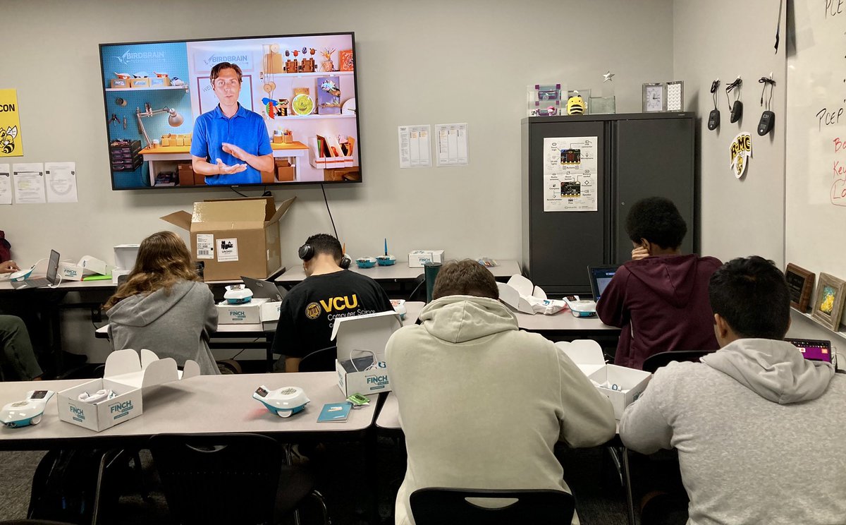 emalick's tweet image. This event happened a few weeks ago, but I wanted to extend my gratitude to Dr. @HummingTom and the @birdbraintech folk for lending my @CodeRVA1 High School Python Programming class a set of Finch 2.0 Robots ON LOAN for extension activities! #WeAreCodeRVA #FinchRobotsOnLoan