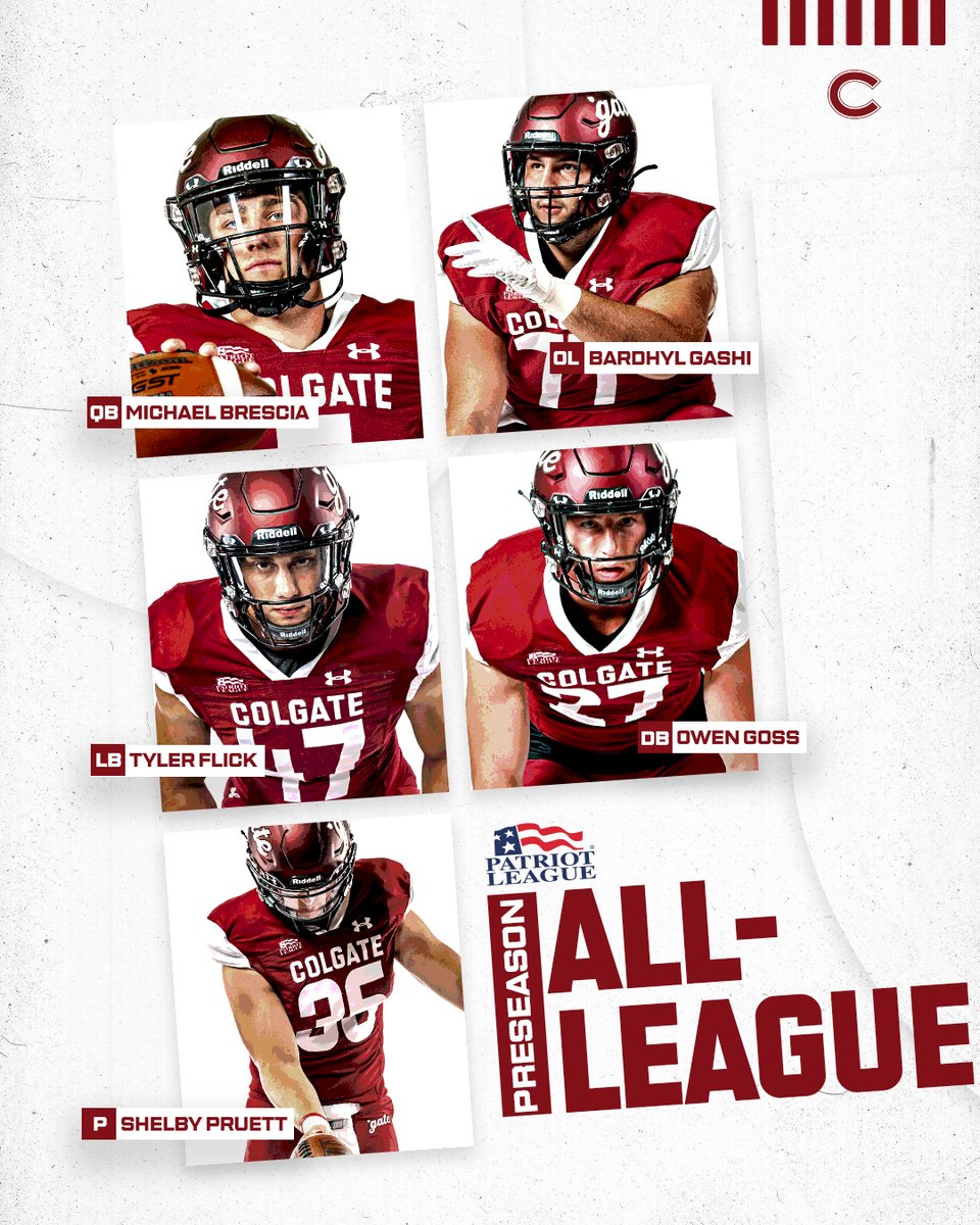 Colgate Football (@colgatefb) on Twitter photo ๐๐๐๐ ๐๐ซ๐๐ฌ๐๐๐ฌ๐จ๐ง ๐๐ฅ๐ฅ-๐๐๐๐ ๐ฎ๐ ๐๐๐๐ฆ
Congratulations to our 5๏ธโฃ Preseason All-League Honoreesโผ๏ธ
โพ๏ธMichael Brescia
โพ๏ธBardhyl Gashi
โพ๏ธTyler Flick
โพ๏ธOwen Goss
โพ๏ธShelby Pruett
#ThreeForTheGate | bit.ly/452I6BN ๐๐๐๐ ๐๐ซ๐๐ฌ๐๐๐ฌ๐จ๐ง ๐๐ฅ๐ฅ-๐๐๐๐ ๐ฎ๐ ๐๐๐๐ฆ
Congratulations to our 5๏ธโฃ Preseason All-League Honoreesโผ๏ธ
โพ๏ธMichael Brescia
โพ๏ธBardhyl Gashi
โพ๏ธTyler Flick
โพ๏ธOwen Goss
โพ๏ธShelby Pruett
#ThreeForTheGate | bit.ly/452I6BN