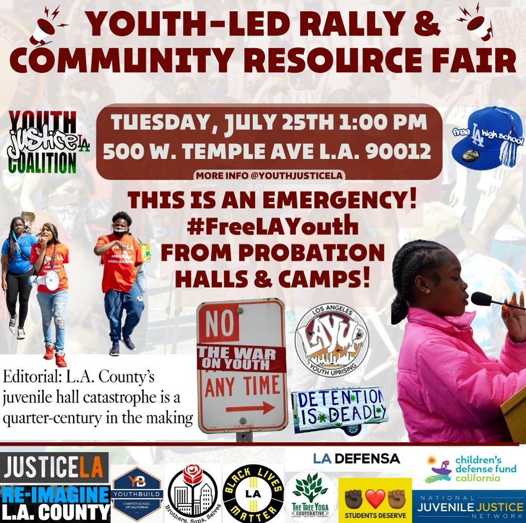 YouthJusticeLA's tweet photo. 🔥📢 SEE YOU ALL TODAY at 1:00PM for a YOUTH-LED Rally &amp; Resource Fair! ✊🏿✊🏾✊🏽

THIS IS AN EMERGENCY 🚨 Young people’s lives are at stake under the abusive custody of Probation inside L.A. County Juvenile Halls🚨

📍500 W. Temple Ave 📢 

#FreeLAYouth #FreeOurFuture https://t.co/IZy31YJBfB