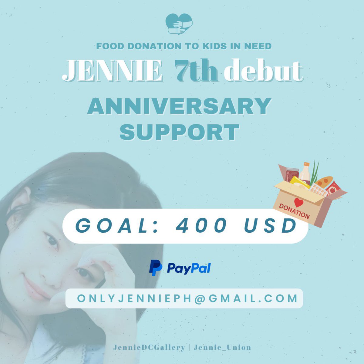 Joint event by JGU &amp; <a href="/JennieDCGallery/">DC 제니 갤러리</a> For JENNIE’s 7th debut anniversary

🎈Event: Food donation to kids
📍Goal: 400USD
📌PayPal: ONLYJENNIEPH@gmail.com

We hope you can help us to make this possible and we also hope we can spread JENNIE’s kindness through this meaningful event