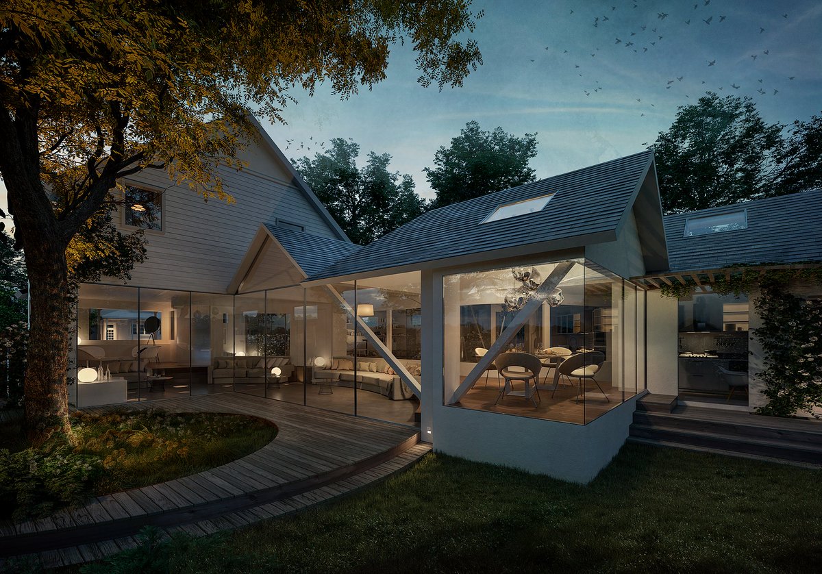 #Eveningview of the #mca_ReelHouse in #Colorado #conceptually we pursued the idea of #nesting by designing a ‘film within a film’. By deconstructing the ‘magic’ behind the camera, we created a project that dialogues between the interior and the beautiful back garden,’ #rendering