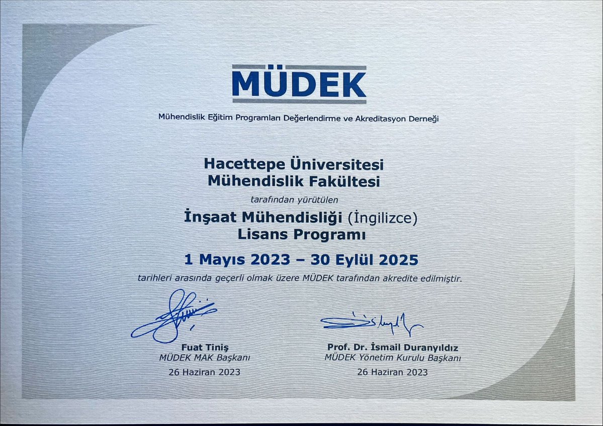 Bölümümüz #MÜDEK tarafından 01.05.2023-30.09.2025 tarihleri arasında geçerli olmak üzere 2 yıllığına akredite edilmiştir. 🥳🎉🏆
#HacettepeCE #inşaatmühendisliği #lisans #yks #tercih