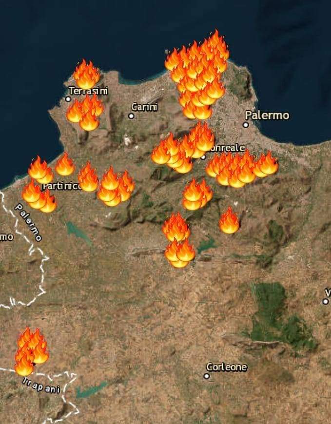 La situazione in tempo reale: 50 incendi attivi, le squadre non sanno più dove mandare le persone, lo scirocco propaga il fuoco attraverso le chiome, le piante in stress idrico fanno il resto. La Sicilia con queste temperature era una scatola di fiammiferi pronta a essere accesa.