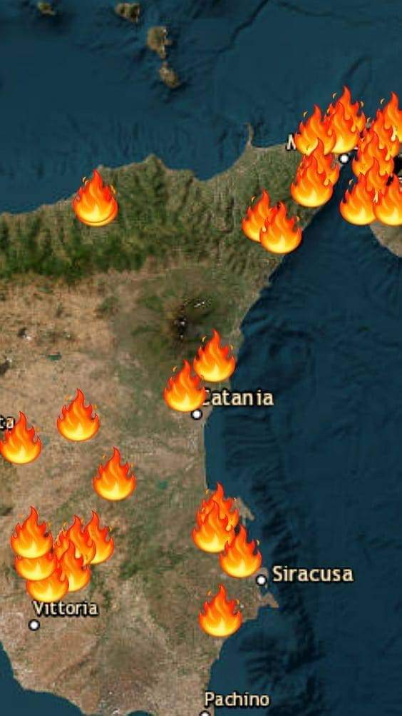 FerdinandoC's tweet photo. La situazione in tempo reale: 50 incendi attivi, le squadre non sanno più dove mandare le persone, lo scirocco propaga il fuoco attraverso le chiome, le piante in stress idrico fanno il resto. La Sicilia con queste temperature era una scatola di fiammiferi pronta a essere accesa. https://t.co/sEU7ff0TqZ