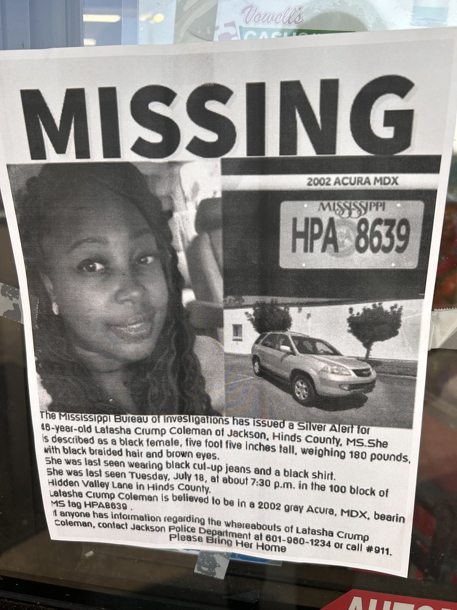 KThompsonTV's tweet photo. Signs are up around Jackson hoping for the safe return of Latasha Crump. She was last seen on Tuesday, July 18th. https://t.co/2ZF0MXUkXb