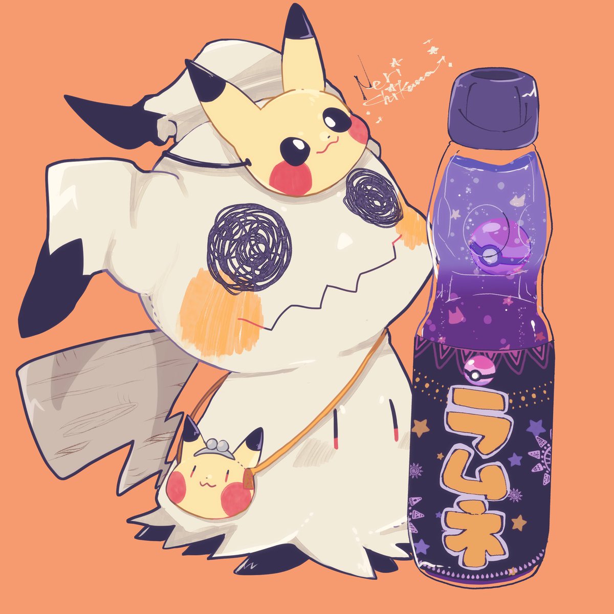 mimikyu ,pikachu pokemon (creature) no humans orange background bag :3 simple background bottle  illustration images