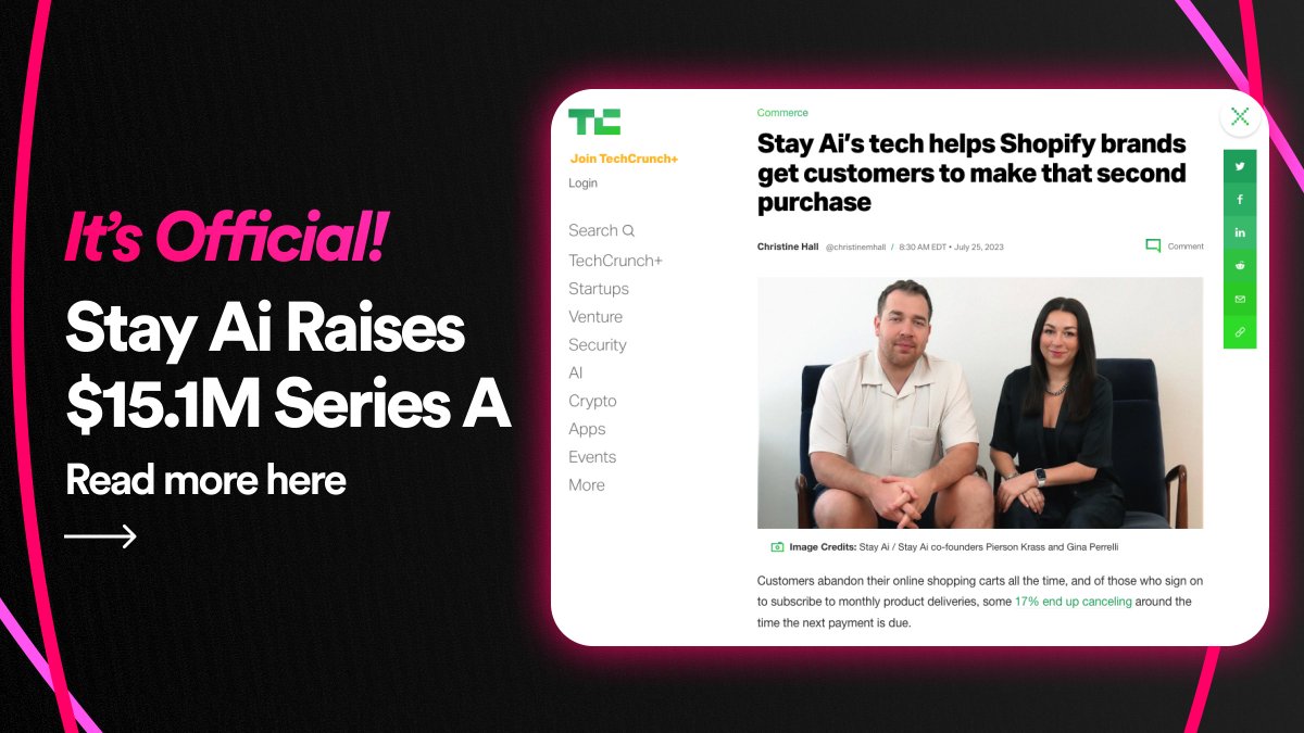 GetStayAI's tweet image. Exciting news! 🎉 We&apos;ve raised a $15.1 million Series A to deliver even more next-generation subscription and retention tools.

Funding includes $8.6m led by @telescopevc  w/ participation from BFG Partners, RiverPark Ventures, &amp;amp; @VanterraC.