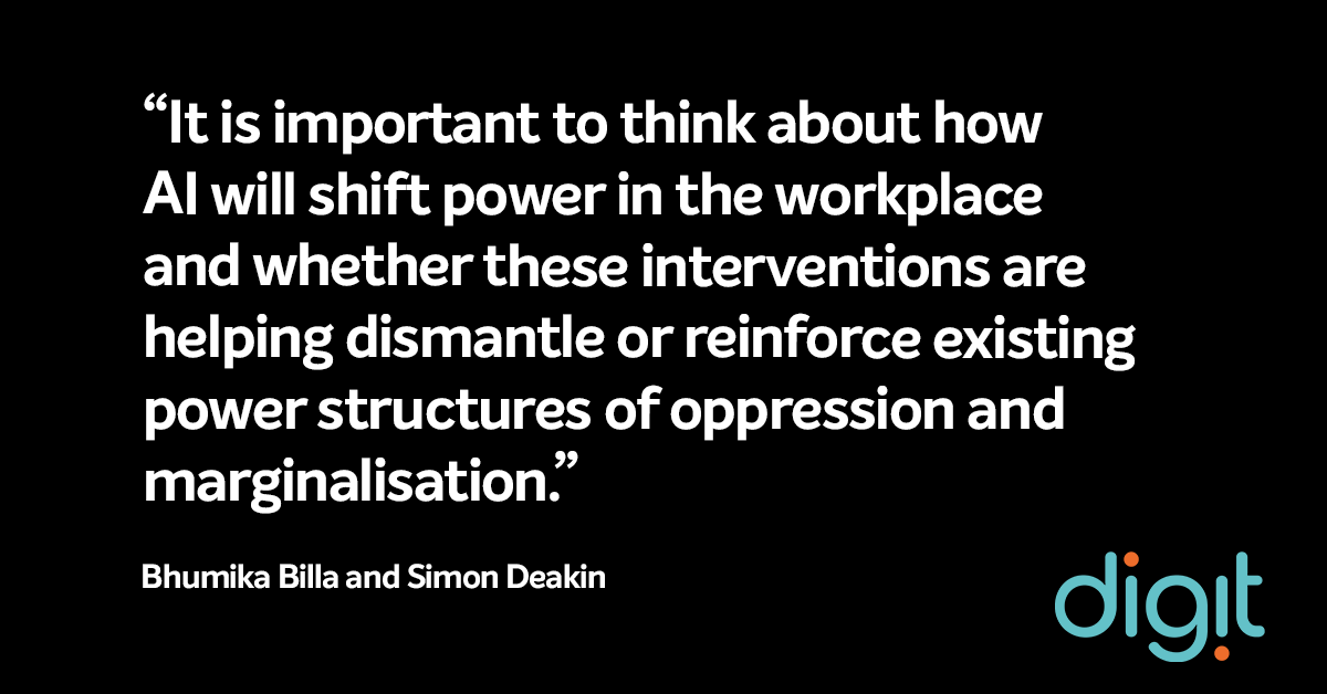 digitcentre's tweet photo. ✍️NEW BLOG!

Will AI replace the humane in HR performance assessments, lead to a further boom in gig work or freeze worker voice in disputes?  

@BhumikaBilla and Simon Deakin discuss findings from a recent workshop.

https://t.co/AOfFzduXmO https://t.co/5Q5CNVbtT7