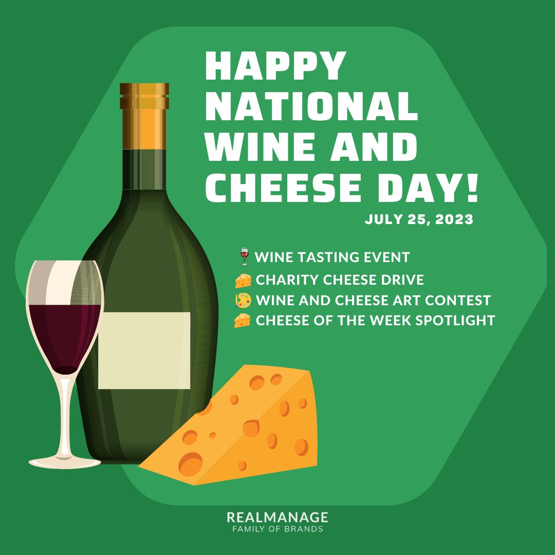 🍷🧀 Happy National Wine and Cheese Day! 🧀🍷
Let's bring our community members together with some exciting activities!
#WineAndCheeseDay #CommunityManagement #HOAManagement #BoardMembers #CommunityBuilding #RMFOB #TheRMFamily #CommunityLeadership #HOALife #RealManage