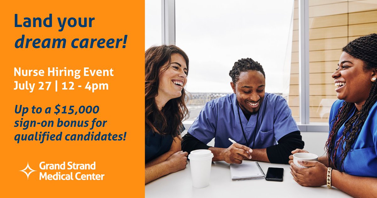 Land your dream career with us at Grand Strand Medical Center! We invite experienced RNs, New Grad RNs, Nurse Externs and LPNs to join us for our hiring event on July 27, from 12 - 4 p.m. RSVP today! bit.ly/43CP1QR