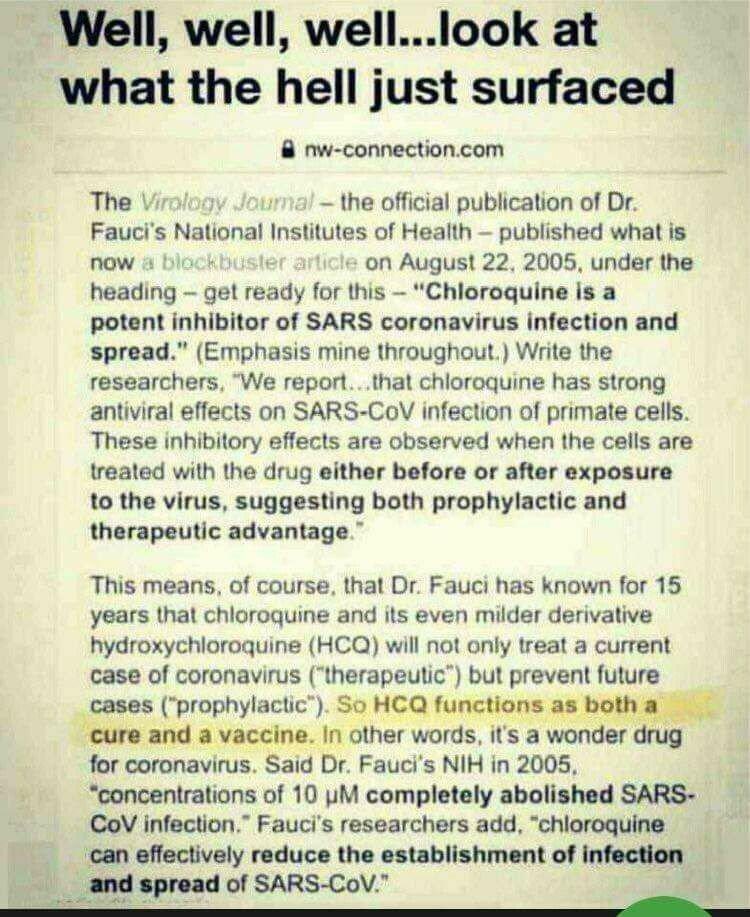 PatriotsNCtrl's tweet photo. Dr. Fauci has known for 15 years that chloroquine and its even milder derivative hydroxychloroquine (HCQ) will not only treat a current case of coronavirus ("therapeutic*) but prevent future cases ("prophylactic"). So HCQ functions as both a cure and a vaccine. In other words, it's a wonder drug for coronavirus. Said Dr. Fauci's NIH in 2005.