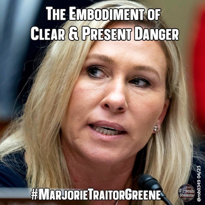 This is Marjorie Taylor Greene. She is not a Patriot. She is a Republican. Greene is an anti Semite. She supports the 2nd Amendment over the lives of 2nd graders. She is a Trump loyalists; a Seditionist. Somewhere in GA, a village lost their idiot. Send her home to them…