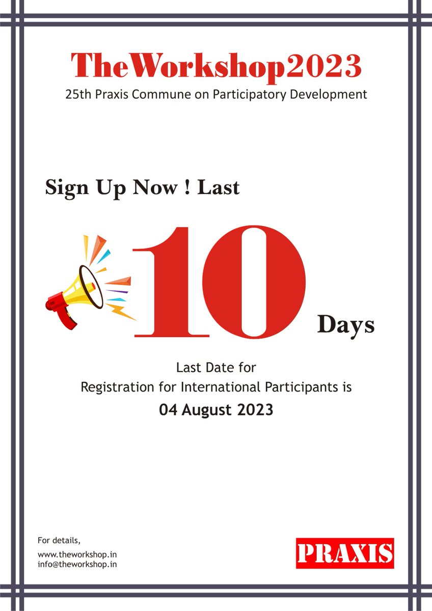 The #countdown is on! Only 10 days left for #international participants to secure their spot at #TheWorkshop2023. Join us in #Bengaluru from October 9 - 13 and seize the chance to be part of an unforgettable learning experience. Register today! theworkshop.in/about-1 🌟