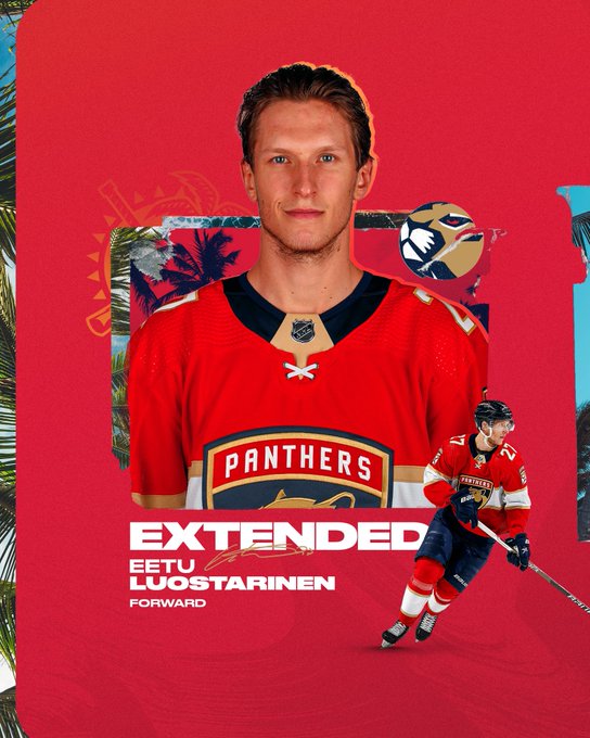 Red background graphic featuring a photo of Eetu Luostarinen in the middle.

The text beneath him reads "extended" in white with his name and position (forward).