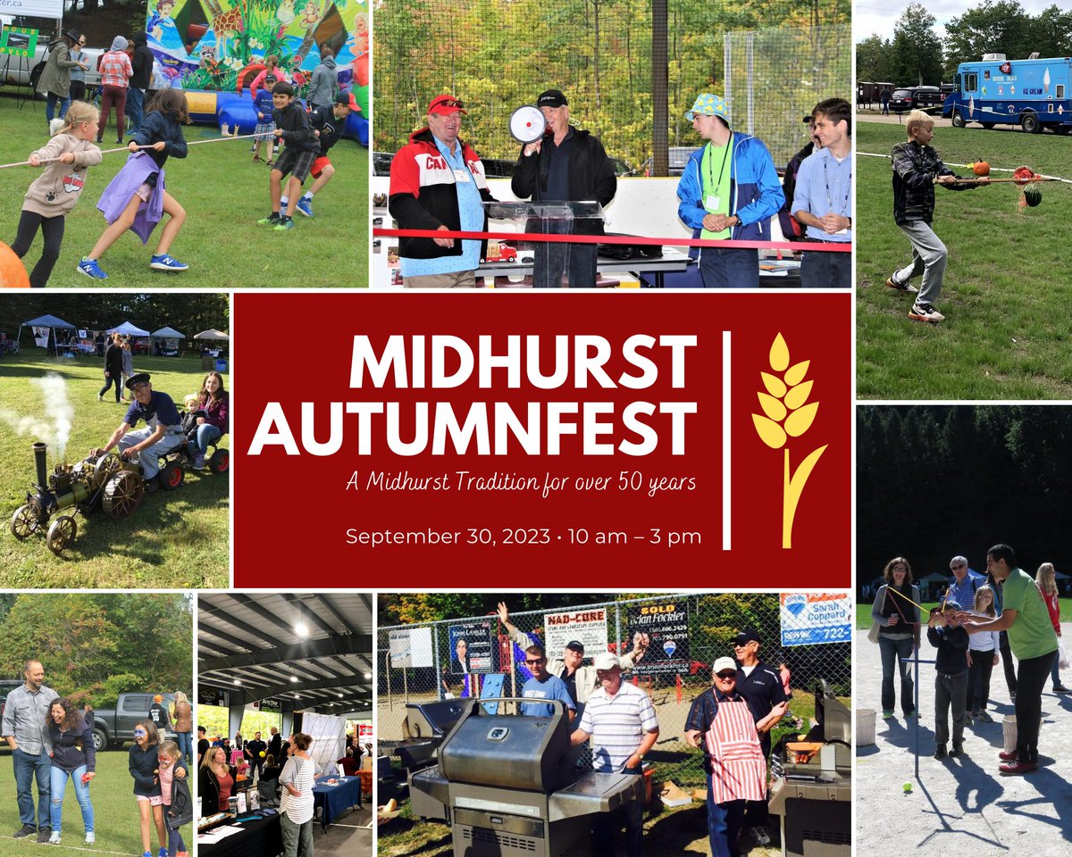 Midhurst Autumnfest Fall Fair — Sept. 30 from 10 to 3!

✅Vendors and community groups
✅Exciting games, contests and experiences
✅Food and drink options for everyone

For more information, including to sign up as a vendor or community group, visit villageofmidhurst.ca/autumnfest.
