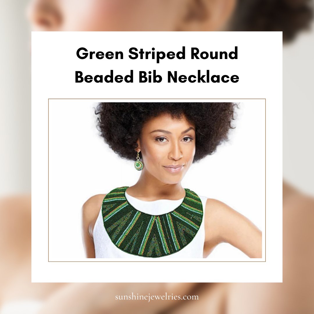 This beautiful green striped round beaded Bib Necklace set features a vegan leather neckline and snap closure. The necklace is 3.5 inches long and 8.75 inches wide.

Shop now: sunshinejewelries.com/products/green…

#SunshineJewelries #necklaces #bibnecklace