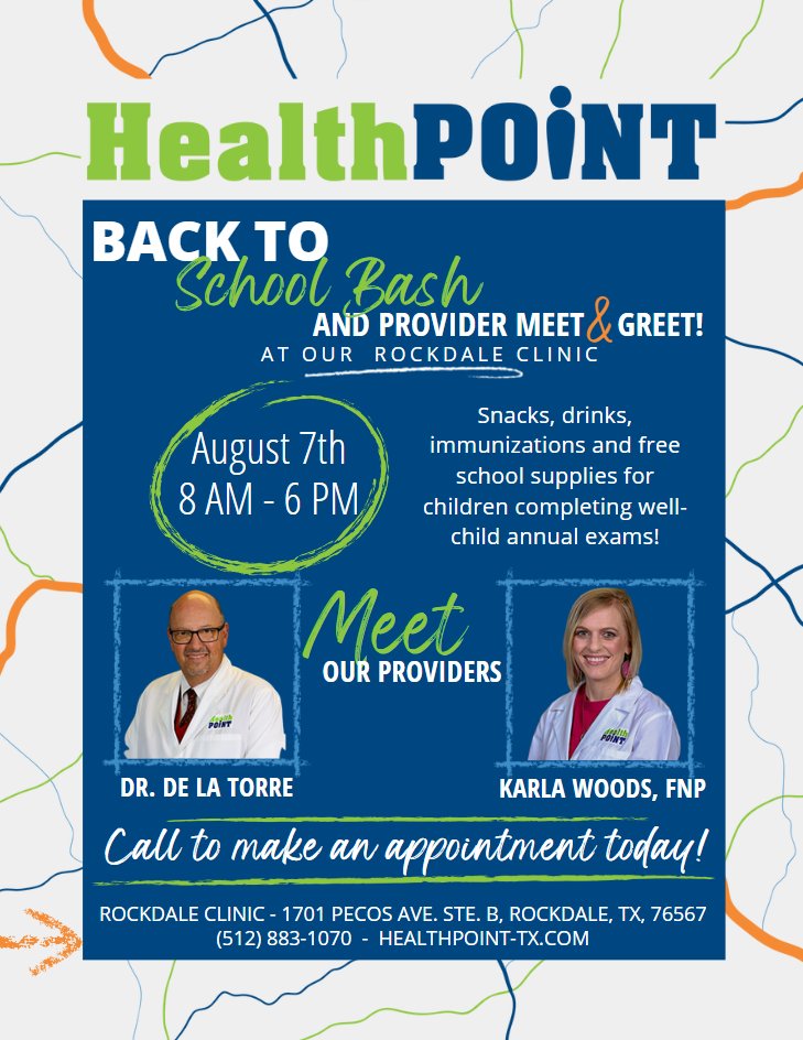 Join HealthPoint for their Back-to-School Bash and Provider Meet &amp; Greet at the Rockdale Clinic on August 7 from 8:00 AM - 6:00 PM.

Snacks, drinks, immunizations and free school supplies for children completing well-child annual exams!

#BeRockdaleProud #iheartrockdale