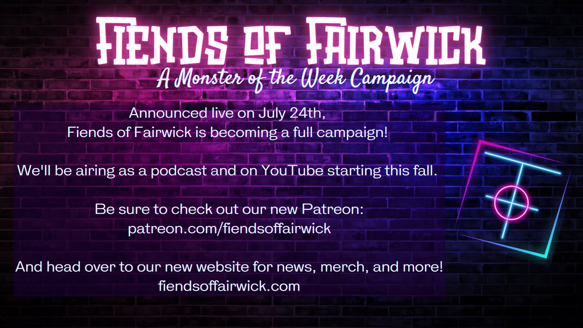 Fiends of Fairwick is becoming a full campaign!
 
We'll be airing as a podcast and on YouTube starting this fall.   Be sure to check out our new Patreon: patreon.com/fiendsoffairwi…  

And head over to our new website for news, merch, and more! fiendsoffairwick.com