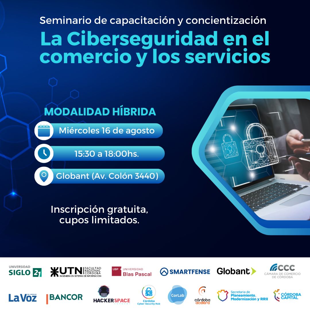 ℹ️Save the date:
📅Miércoles 16 de agosto
⌚15.30 - 18hs 
📍 Globant La Docta (Av. Colón 3440)
🆓Evento gratuito con inscripción

Reserva tu lugar. Más información 🔗 corlab.cordoba.gob.ar/actividad/semi…