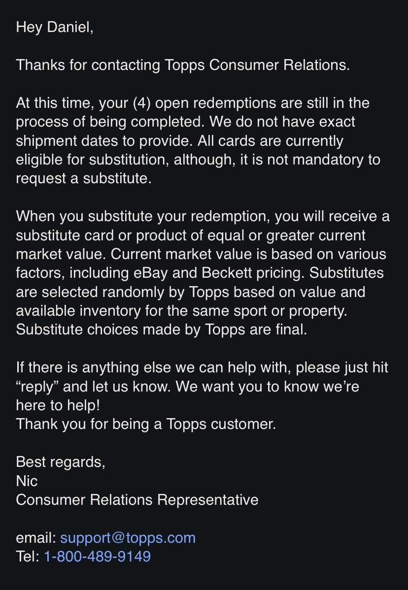 Contacted Topps about 4 redemptions I’ve had open for almost a year now. Monsters btw, 2 Trouts, a Griffey Jr, Edgar, King Felix Triple Patch Auto, &amp; Bobby Witt RC Auto. 

Got back such a PC response, seems like trying to push a substitute. Idk what I expected. 🤦🏻‍♂️ <a href="/CardPurchaser/">Card Purchaser</a>