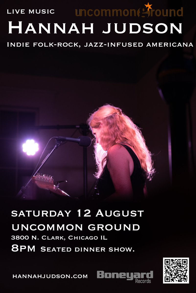 Join me at Uncommon Ground for new songs from summer sessions at Studio de la Source in Vulaine with Pajaro Canzani. Dinner + live music. Seating opens at 7:30. Music starts at 8pm. 
Reserve tix: simpletix.com/e/hannah-judso…
 #folkrock #acoustasonic #midwestmusic #chicagomusicscene