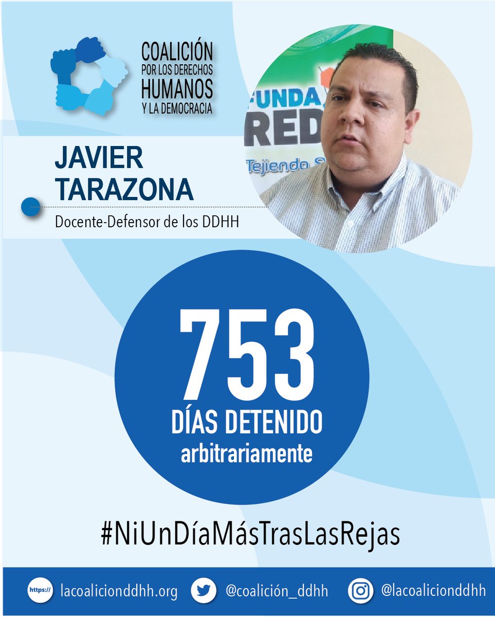 Coalicion_ddhh's tweet photo. #25Julio Javier Tarazona, docente universitario, investigador y defensor de #DDHH, está detenido injustamente desde el 2 de julio de 2021

Hoy suma 753 de detención arbitraria.

La defensa de los #DDHH no es un delito.

#LiberenAJavierTarazona 
#LibertadParaLosPresosPoliticos 🇻🇪 https://t.co/pBSvtqIWeO