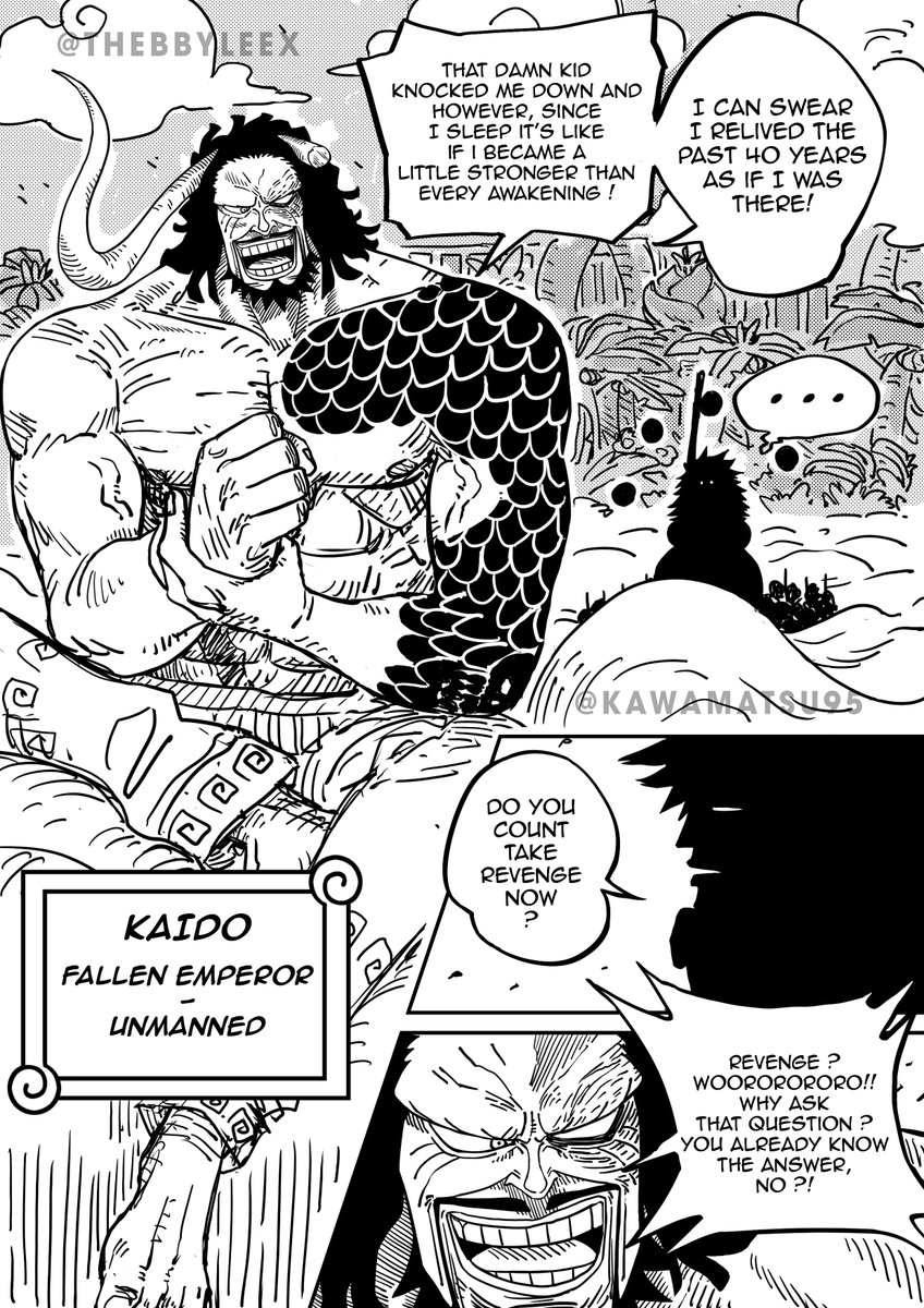 Kawamatsu95's tweet image. 🚨 PROJET ONE PIECE
ET SI...L'Empereur Déchu Kaido faisait son retour dans One Piece ? 

Une Histoire basée sur le retour de Kaido après sa défaite sur Onigashima est prévue avec un nombre de 20 pages approximativement.

▫️Scénario : Moi (@Kawamatsu95) et @TheBBYLEEX…