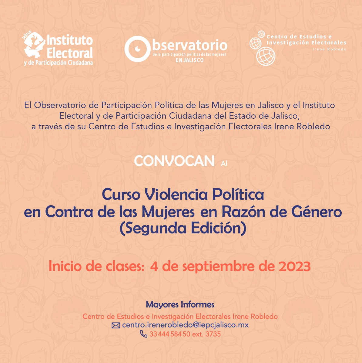 iepcjalisco's tweet photo. ✨😃¡Buena noticia! el @OPPM_Jalisco  y el IEPC Jalisco, abren las inscripciones para la segunda edición del curso "Violencia Política en contra de las Mujeres en Razón de Género". 📚✨

Fecha de inicio: 4 de septiembre
Información, contáctanos al 3344458450 ext. 3735 https://t.co/0054klyc59