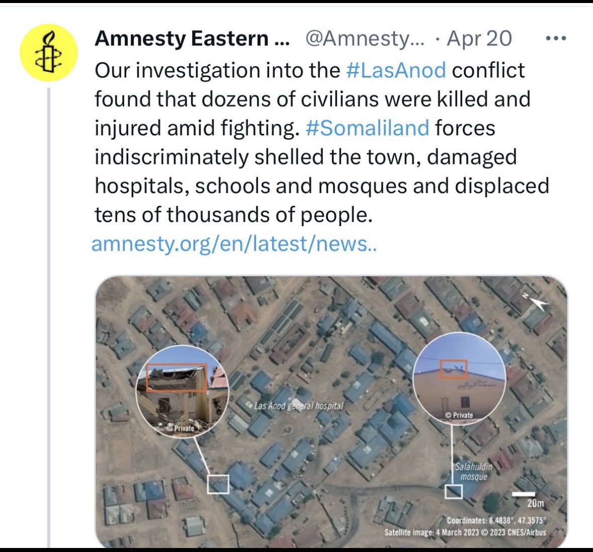 G0RG0R_'s tweet photo. Absolute pathetic! Your attempt of deceiving people is rather embarrassing! 
The level of secessionist ignorance about the geospatial Technology phenomenon is beyond believe! 
@amnesty, #CitizensLab used #satelliteImagery to reveal the evidence of the destructions of #Laascaanood health facilities by @musebiihi malitia after failing to defeat #SscForces. The artillery’s positions and the indiscriminate shelling of the city is no secret!

@LizzieWFCDO this follows up on your insincere post about @MSF_EastAfrica  exiting #Laascaanood!
@amnesty 
@UNSC_Reports 
@US2SOMALIA