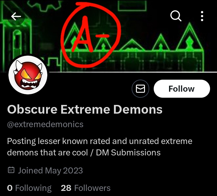 GradGDGimmAcc's tweet image. Obscure Extreme Demons tweets about extreme demons that are either unrated or star rated, suggests giving/improving their rate and gives an objective opinion about every single one of them. This gimmick account has a 2 month gap in uploads, thats why the grade is a bit lower.