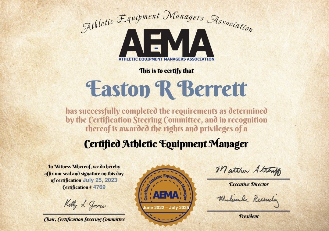 I am so incredibly proud to announce that I have passed the AEMA Certification Exam and am now a Certified Equipment Manager! Thank you to everyone at Utah State University, the College of Idaho, and everywhere else around the country that helped me grow this this point!