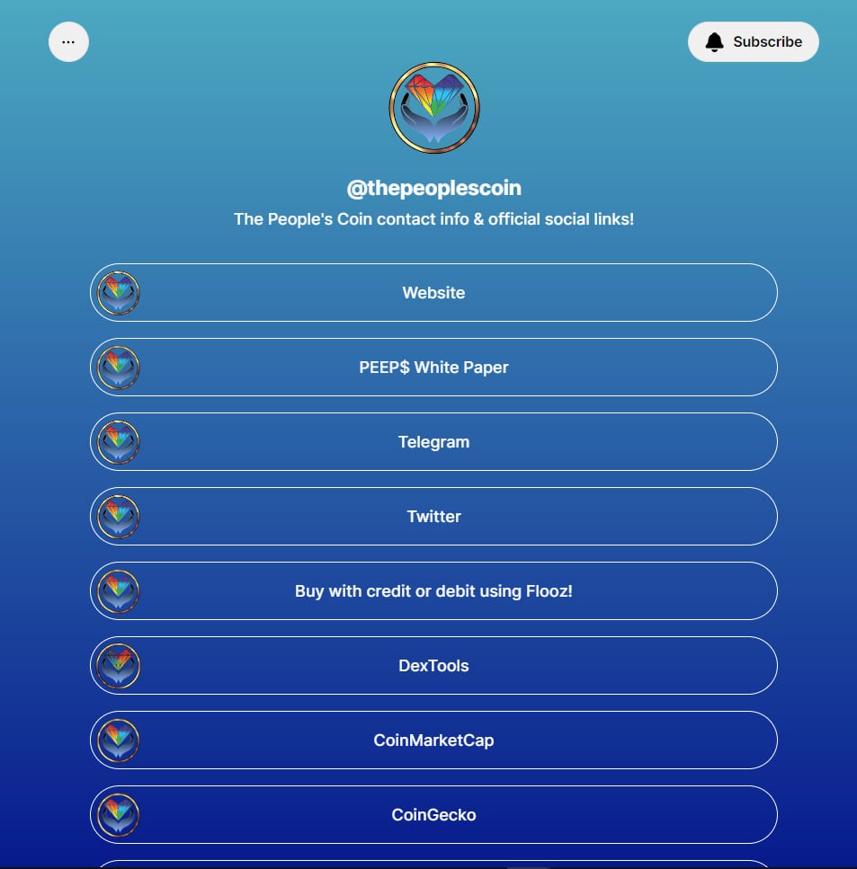 To stay in the know with everything about PEEP$ be sure to check out our linktree!

linktr.ee/thepeoplescoin

#peepscoin #thepeoplescoin #gofundmeofcrypto