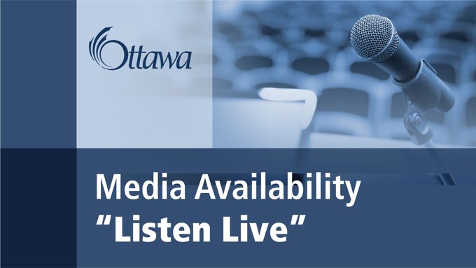 A graphic with a tinted blue background photo of a microphone and auditorium chairs. In the foreground there is a blue text box and white text that reads: Media Availability "Listen Live."