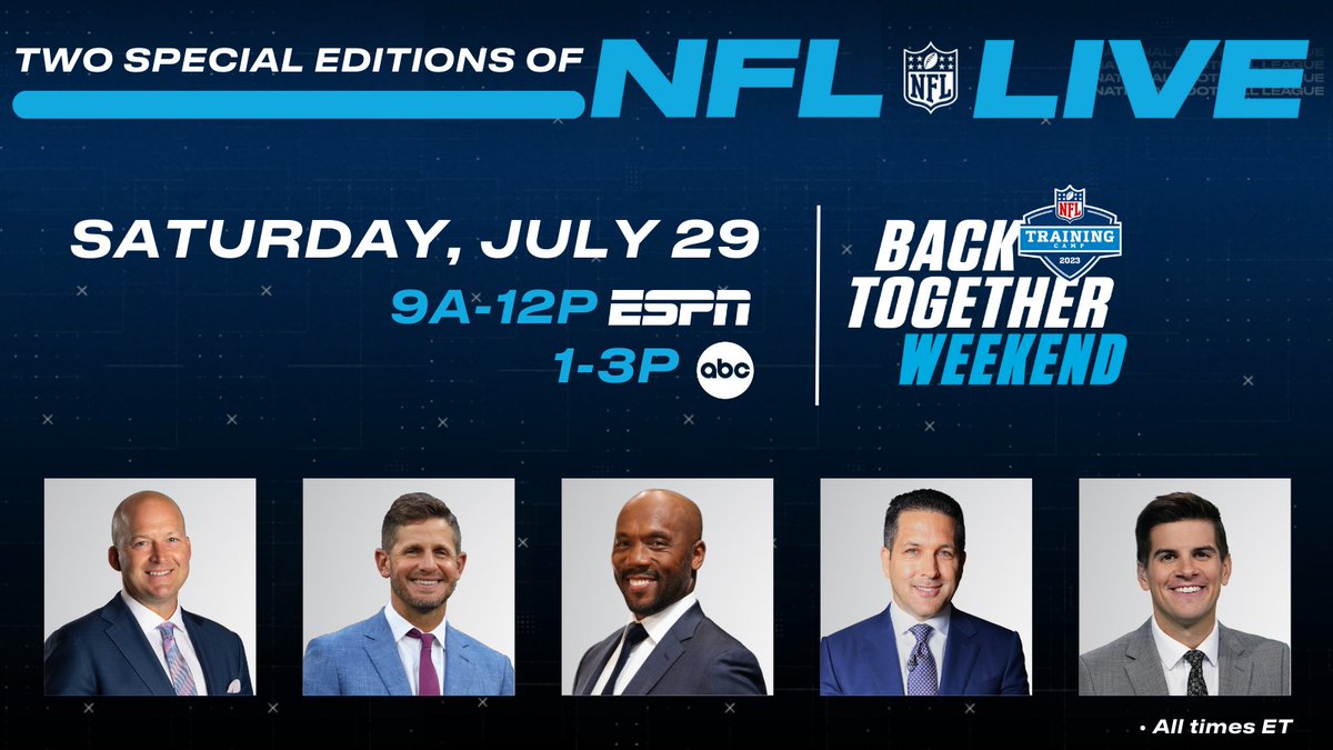 ESPNPR's tweet photo. #NFL training camps are officially underway!

Saturday, ESPN will bring fans 5 hours of dedicated @ESPNNFL coverage with 2 special editions of NFL Live: Back Together Weekend

🏈9a-Noon ET | ESPN
🏈1-3p ET | @ABCNetwork

More: https://t.co/oyqbq6UzM3 https://t.co/ehQARcahu9