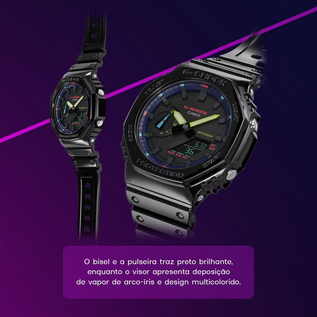 Com acabamento em preto brilhoso e detalhes multicoloridos, o GA-2100RGB faz parte da linha Garish Rainbow inspirado no mundo dos games.     

#GShock #GShockBrasil #GShockBR #CasioRelogios #CasioGShock #GShockLover #Relogios #GA2100RGB #Acessorios #Moda #AcessoriosMasculino