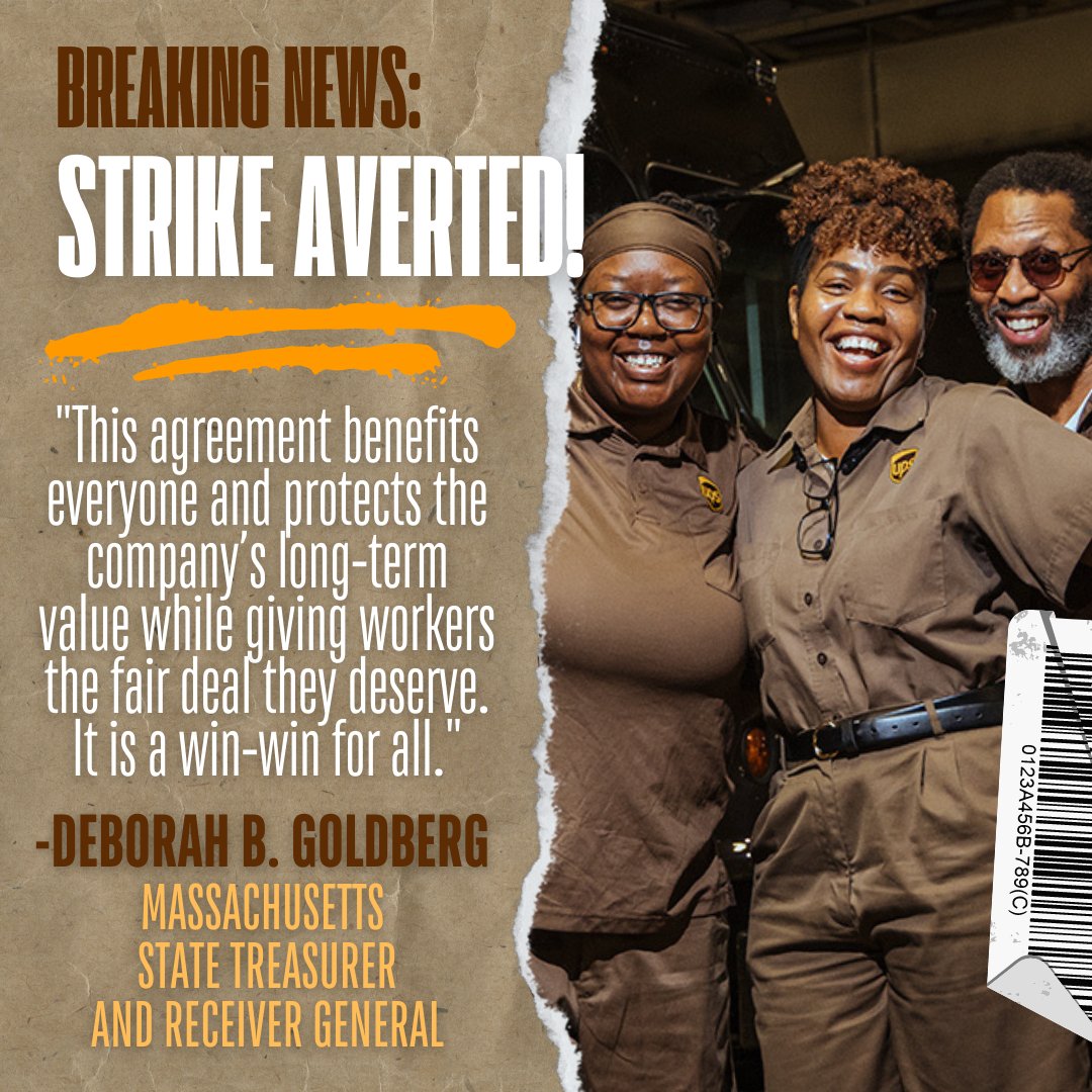 ftlongterm's tweet image. &quot;UPS employees, including the 340,000 UPS @Teamsters, are critical pieces of UPS success. It is a win-win for all.&quot; -Deborah B. Goldberg, Massachusetts Treasurer and Receiver General @MassTreasury