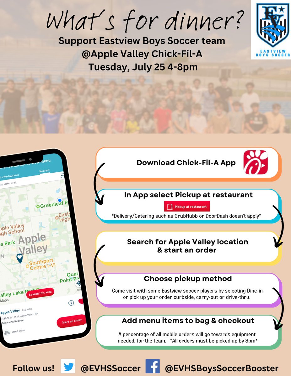 Don’t forget to come out and supposed Eastview Boys Soccer tonight at Chick-fil-a. 15% of the proceeds of orders placed through the app from 4-8  PM will go to support Eastview soccer. Hope to see you there. See document for instructions.