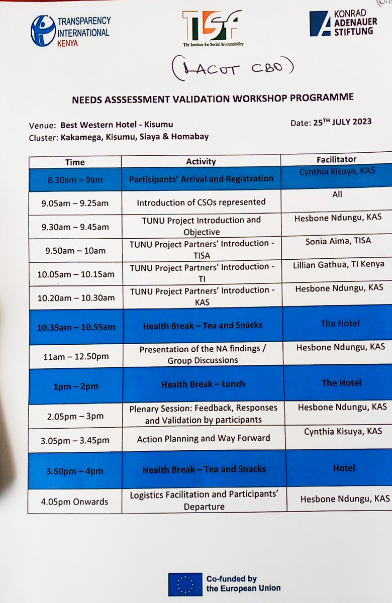 Lacot2020's tweet photo. #TupiganeNaUfisadiProject
Joined  other local CSOs from Kisumu, Homabay, Siaya and Kakamega Counties for the Needs Assessment Validation Workshop for the @EUinKenya co-founded "TUNU" Project which is being implemented thro' @KAS_Kenya @TIKenya @TISAKenya https://t.co/YBAAjn3QEA