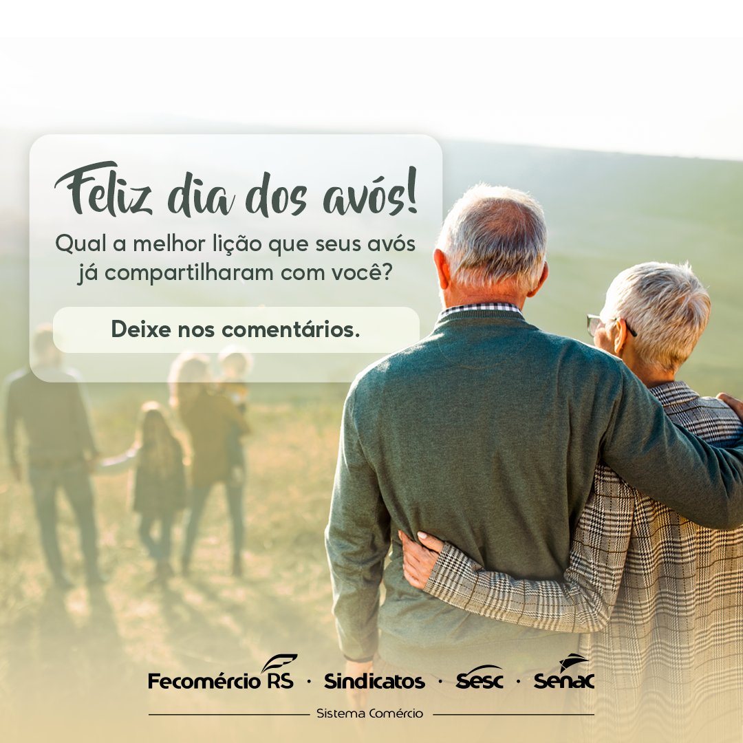 senacrs's tweet photo. Neste Dia dos Avós, queremos celebrar o amor e sabedoria que atravessam gerações. 👴🏻👵🏾💕
Qual a lição mais marcante que seus avós compartilharam com você? Compartilhe conosco nos comentários. 👇
Feliz Dia dos Avós! 🎉
#DiadosAvós #Avós #FecomércioRS #SescRS #SenacRS https://t.co/ru1keBqMbz