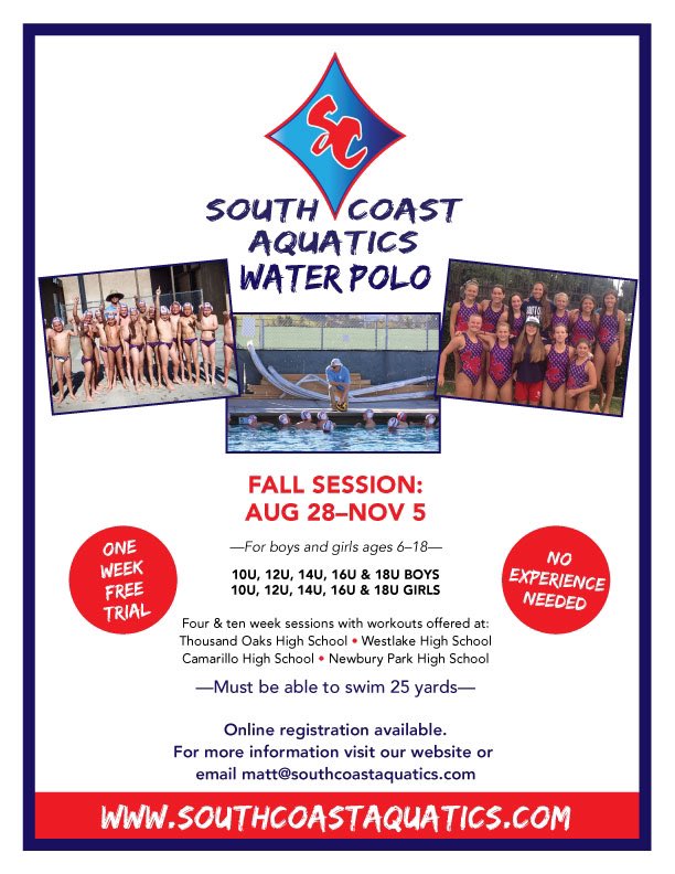 Looking for a new sport? Try water polo for FREE! Boys & Girls teams, ages 9-18, no experience needed! Must be able to swim! Fall session starts August 28n
#conejovalley #thousandoaksmoms #conejovalleymoms #westlakemoms #camarillomoms #oxnardmoms #agouramoms #westhillsmoms