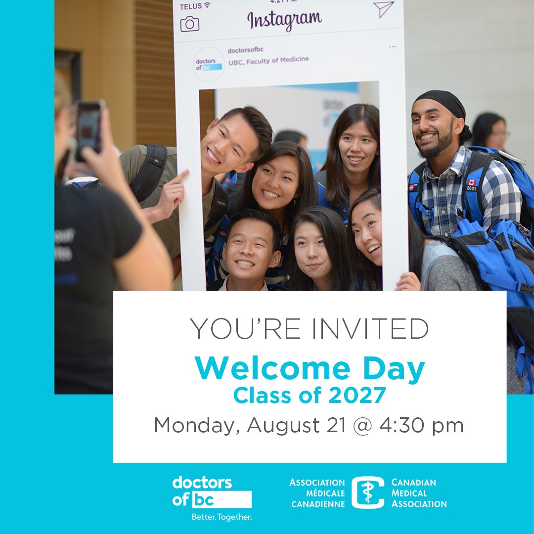 DoctorsOfBC's tweet photo. Class of 2027 #MedStudents: Join us on campus at RH Lee Alumni Centre for Welcome Day! Kickstart this exciting new chapter with food, prizes, and your class of 2027 backpack. #DoctorsofTomorrow #MyCMABackpack @CMA_Docs https://t.co/YQ9BIH3yyN