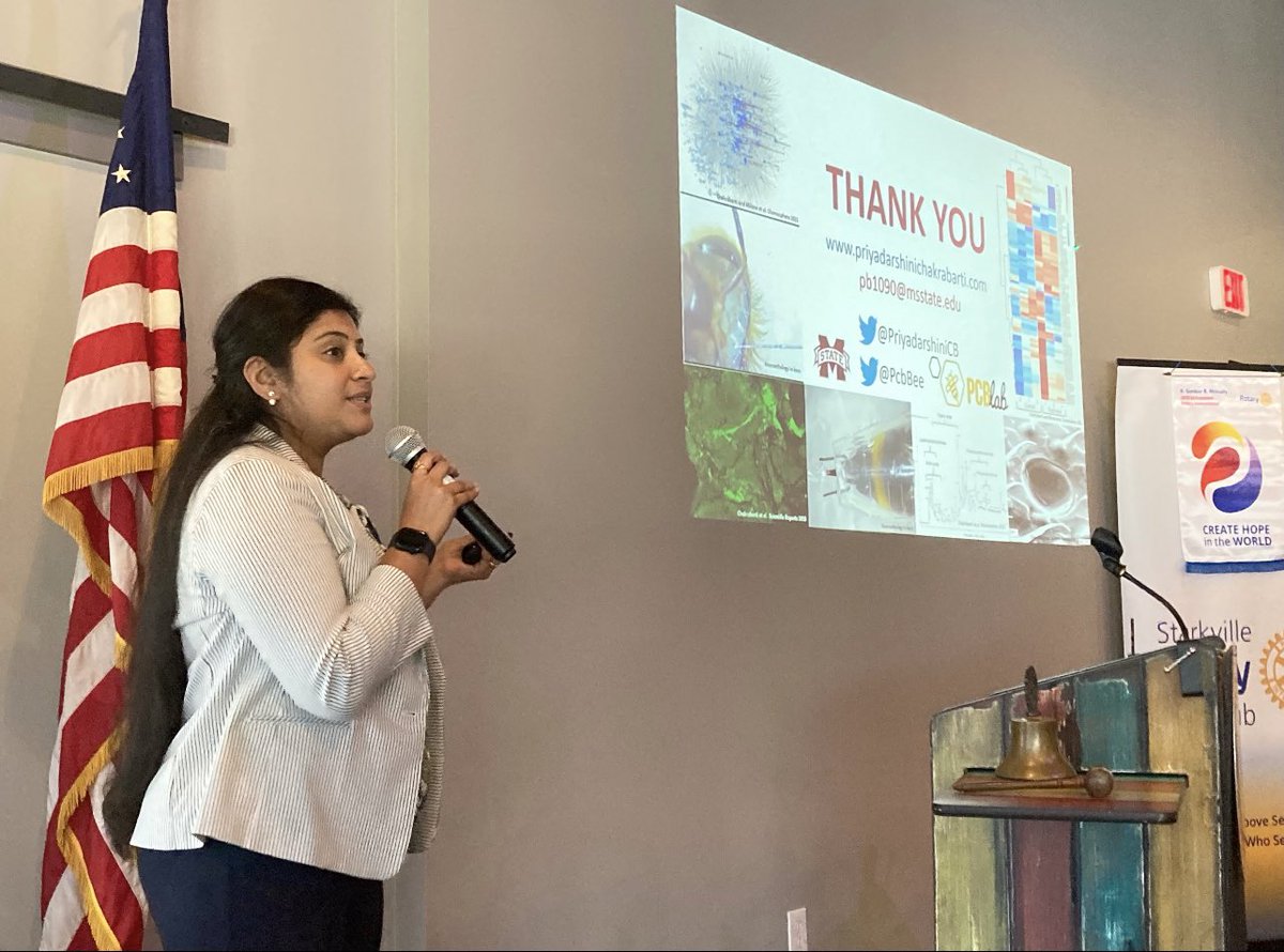Our Rotarians are positively buzzing after hearing from <a href="/PriyadarshiniCB/">Priyadarshini Chakrabarti Basu</a> on the amazing work that is happening through <a href="/msstate/">Mississippi State</a>'s <a href="/PcbBee/">Chakrabarti_Bee_Lab at MSU</a>. The PCB Lab is studying the effects of the environment on bees and their important pollination capabilities.
