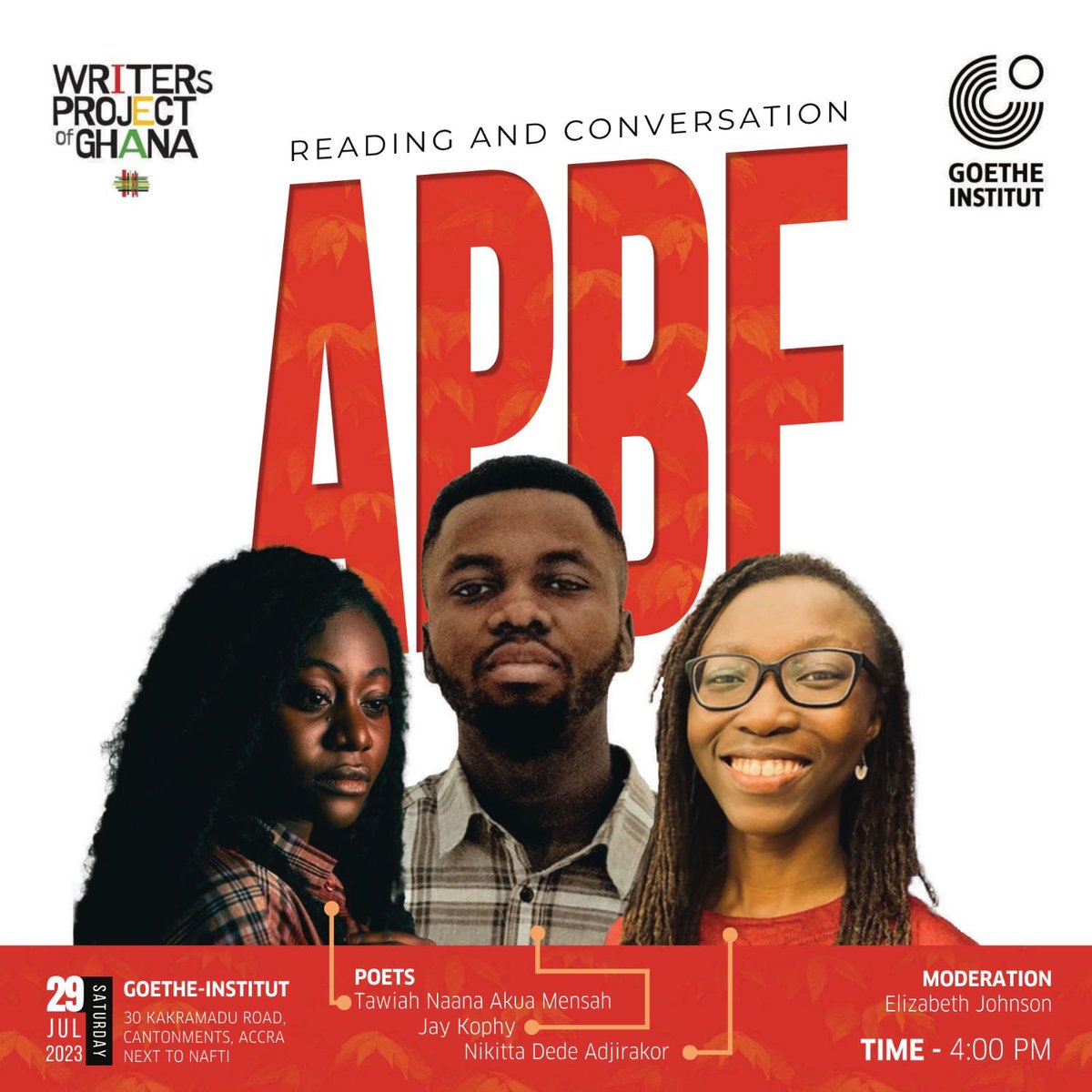 writersPG's tweet photo. Join us on 29/07/23 at 4pm at the  Goethe Institut for a special reading and conversation with Ghanaian authors in  APBF’s New Generation African poets 2022 chapbook series. 
Read more about our guests @tawiah___  @jay_kophy and @nikitta_dede  below

https://t.co/AUdbMPr56y https://t.co/Necjzbjlw5
