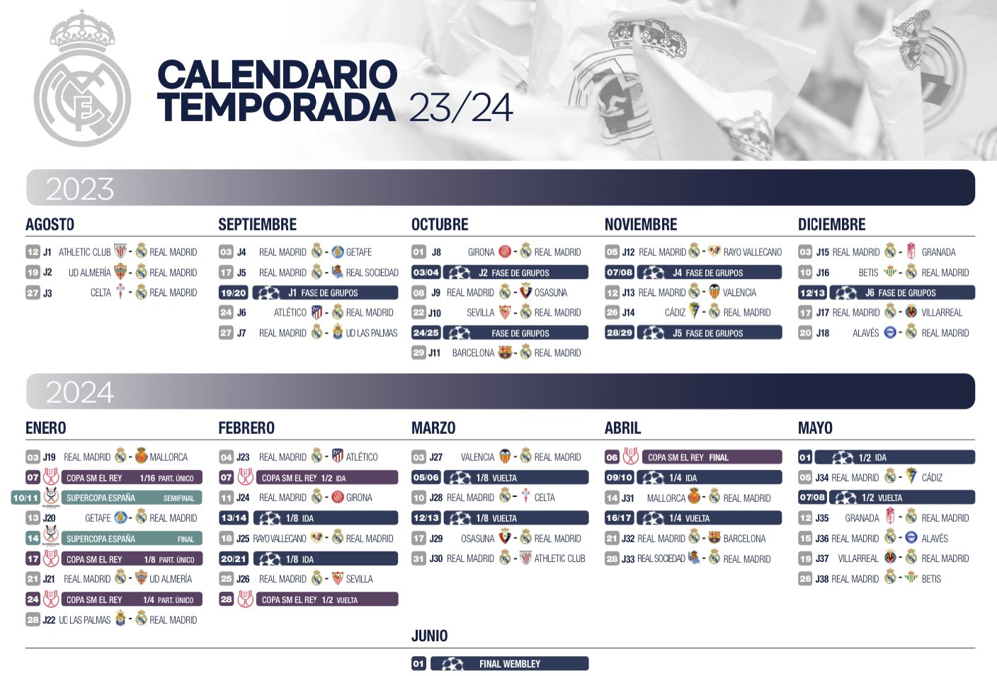Calendario del real madrid temporada 23 24