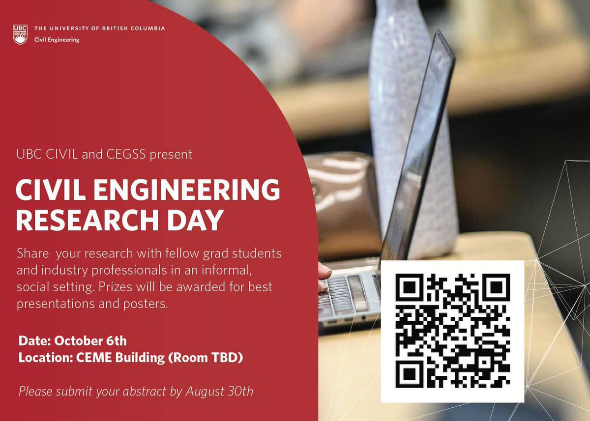CegssUBC's tweet photo. Hi Civil Grad Students, 

The UBC Civil Department and CEGSS is excited to host the inaugural Civil Engineering Research Day on October 6th, 2023. https://t.co/eh022nVSAH