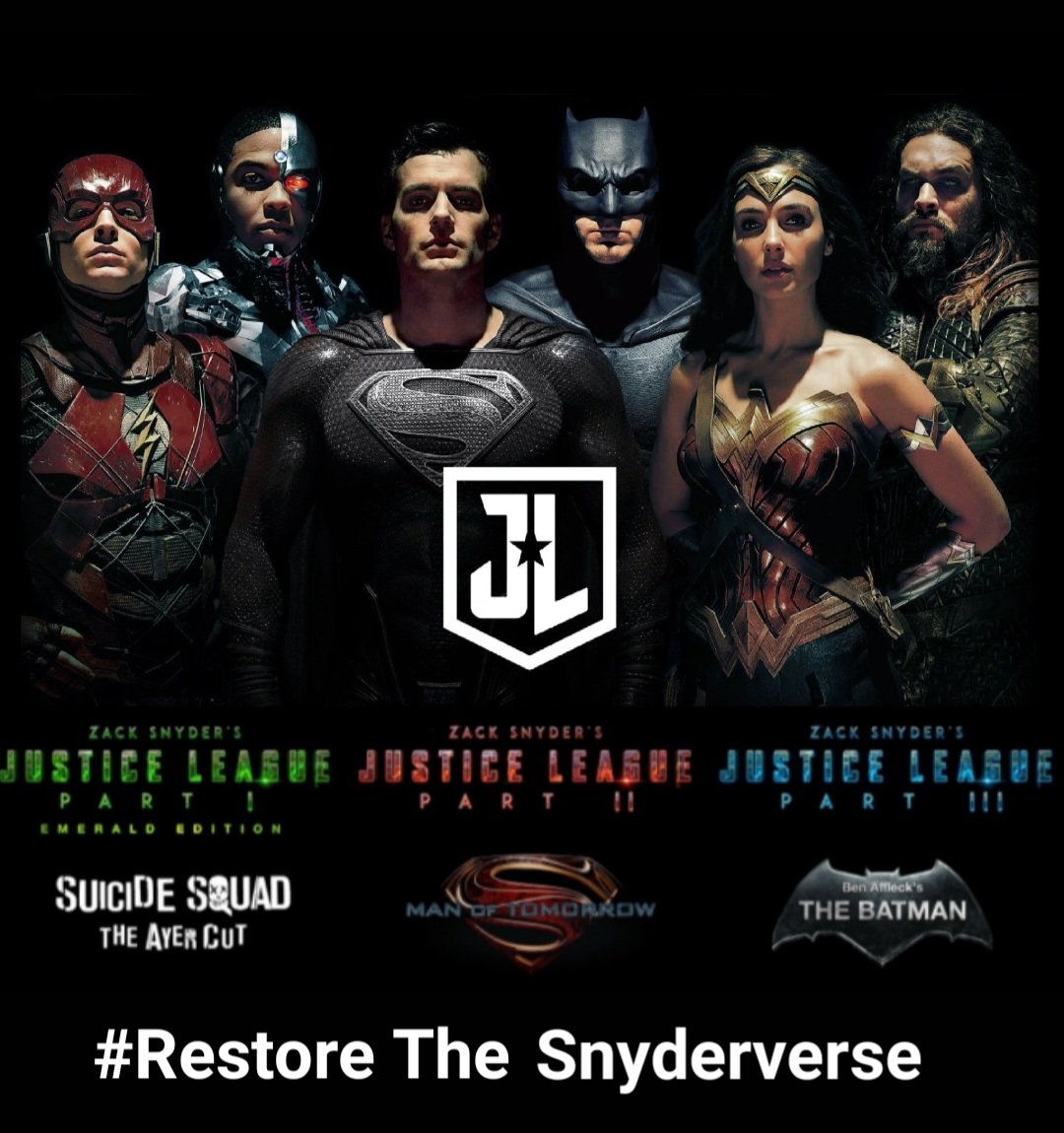 restoreZSJL's tweet photo. Let everybody know you want them to #RestoreTheSnyderVerse
Or #SellSnyderVerseToNetflix so they can restore it.

I would love to see Zacks JL2&amp;3, MoS 2, Bens Batman movie and the Ayer cut of Suicide Squad. https://t.co/cfIUk38bJP