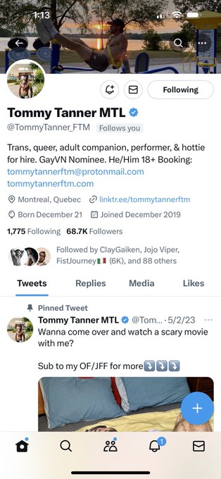 I can&rsquo;t believe one of my crushes @TommyTanner_FTM is following me   😈😈😈😈😈 https://t.co/8CjLQ2j4PT<a class="tags" target="_blank" title="On Twitter" href="/?out=eyJ0eXAiOiJKV1QiLCJhbGciOiJIUzUxMiJ9.eyJpYXQiOjE3MjE0OTMyNTksImlzcyI6InR3cG9ybnN0YXJzLmNvbSIsIm5iZiI6MTcyMTQ5MzI1OSwiZXhwIjoxNzUzMDI5MjU5LCJyZWRpcmVjdF91cmwiOiJodHRwczovL3R3aXR0ZXIuY29tL1RvbW15VGFubmVyX0ZUTSJ9.imkp_xrw22TBgU9EXP6cMSplPzzNjX7cyFfQ8RhnCNm8qKgpSGWZJCk8kKAsIVmv1tH_stywivr7R3mDCYOfHg">@TommyTanner_FTM</a>