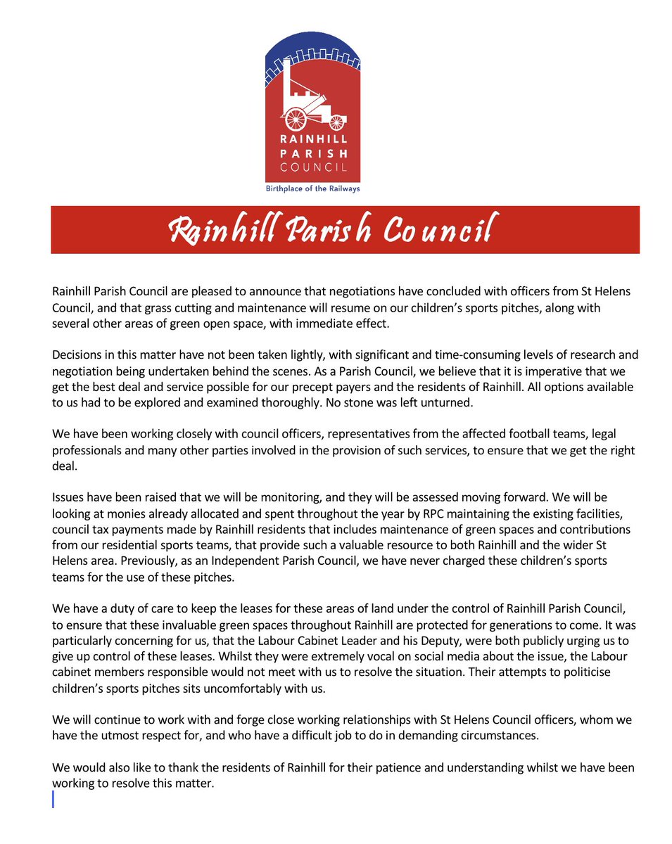 ParishRainhill's tweet photo. Please see our statement below regarding the grass cutting situation on our children’s sports pitches 👇. 
We have been informed that the grass will be cut tomorrow (depending upon the weather). https://t.co/xA3gQ8mK8W