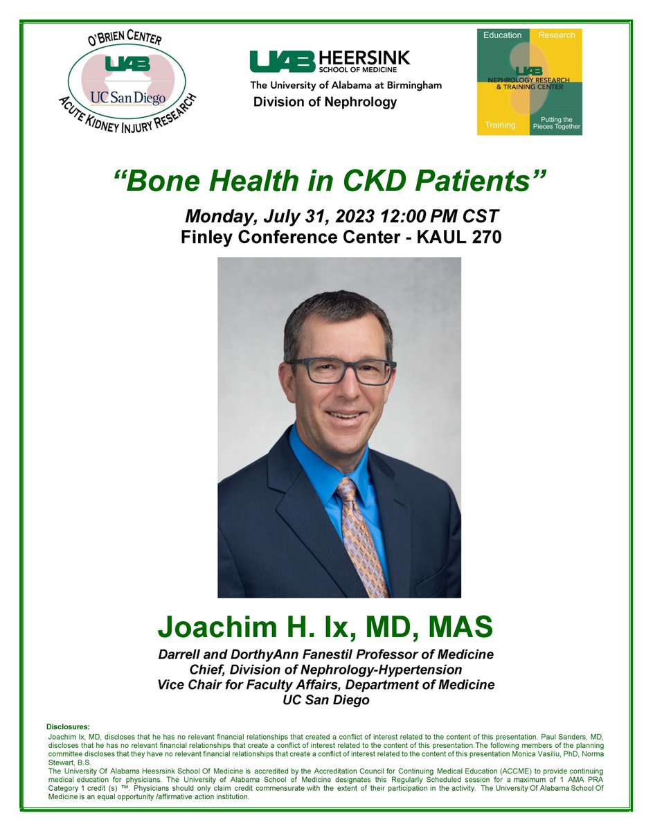 UAB Nephrology (@uab_nrtc) on Twitter photo Join @NRTC seminar on Monday, July 31st, at noon in KAUL 270 - Dr. Joachim Ix <a href="/ucsdnephrology/">UCSD Nephrology</a> will be giving a lecture titled: “Bone Health in CKD Patients” Join @NRTC seminar on Monday, July 31st, at noon in KAUL 270 - Dr. Joachim Ix <a href="/ucsdnephrology/">UCSD Nephrology</a> will be giving a lecture titled: “Bone Health in CKD Patients”