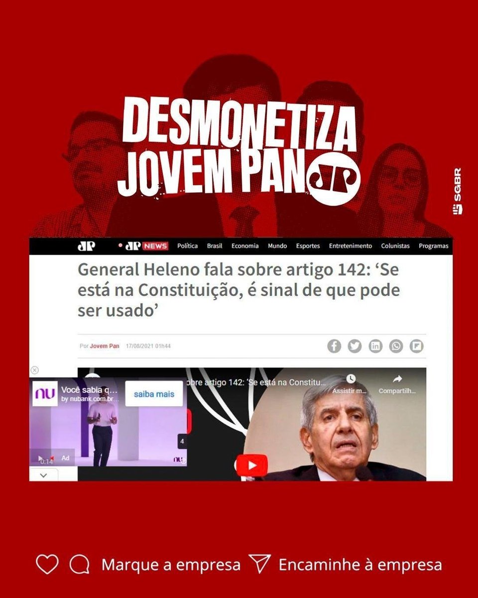 🟣 Olá <a href="/nubank/">Nubank</a>, tudo bem? Acreditamos que vocês não compactuam com ataques à democracia e nem fake news, mas infelizmente encontramos seu anúncio via googleads no site da Jovem Pan, uma rádio que propaga ódio e ataques às instituições democráticas. Pfv, #DesmonetizaJovemPan! ✊🏽